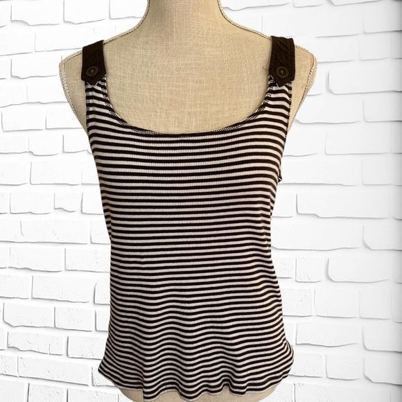 Loft, Large, Brown/White Striped Tank w/ Button Shoulder Embellishments - Picture 1 of 6